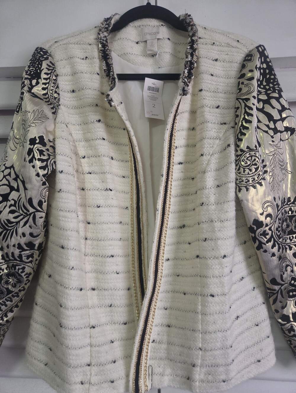 Chico's Cream Tweed Jacket with Metallic Black Brocade Sleeves